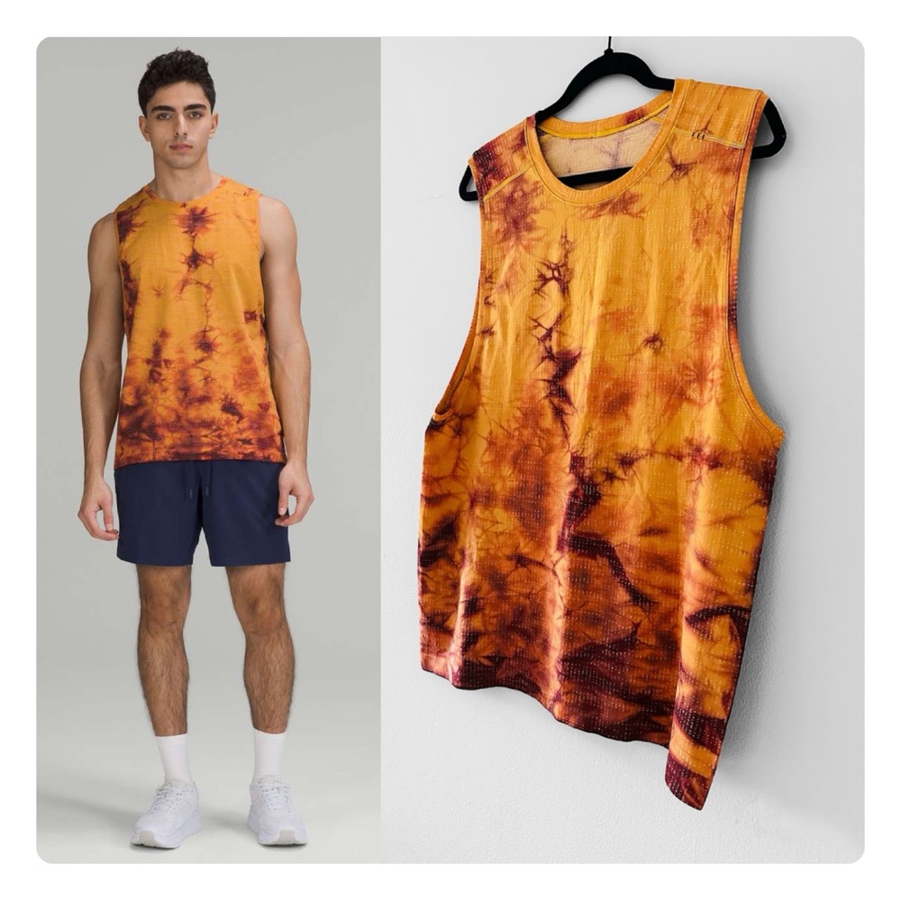 β
Lululemon Menβs Metal Vent Tech 2.0 Tie Dye Tank Top - Orange/Yellow β
- Picture 9 of 17